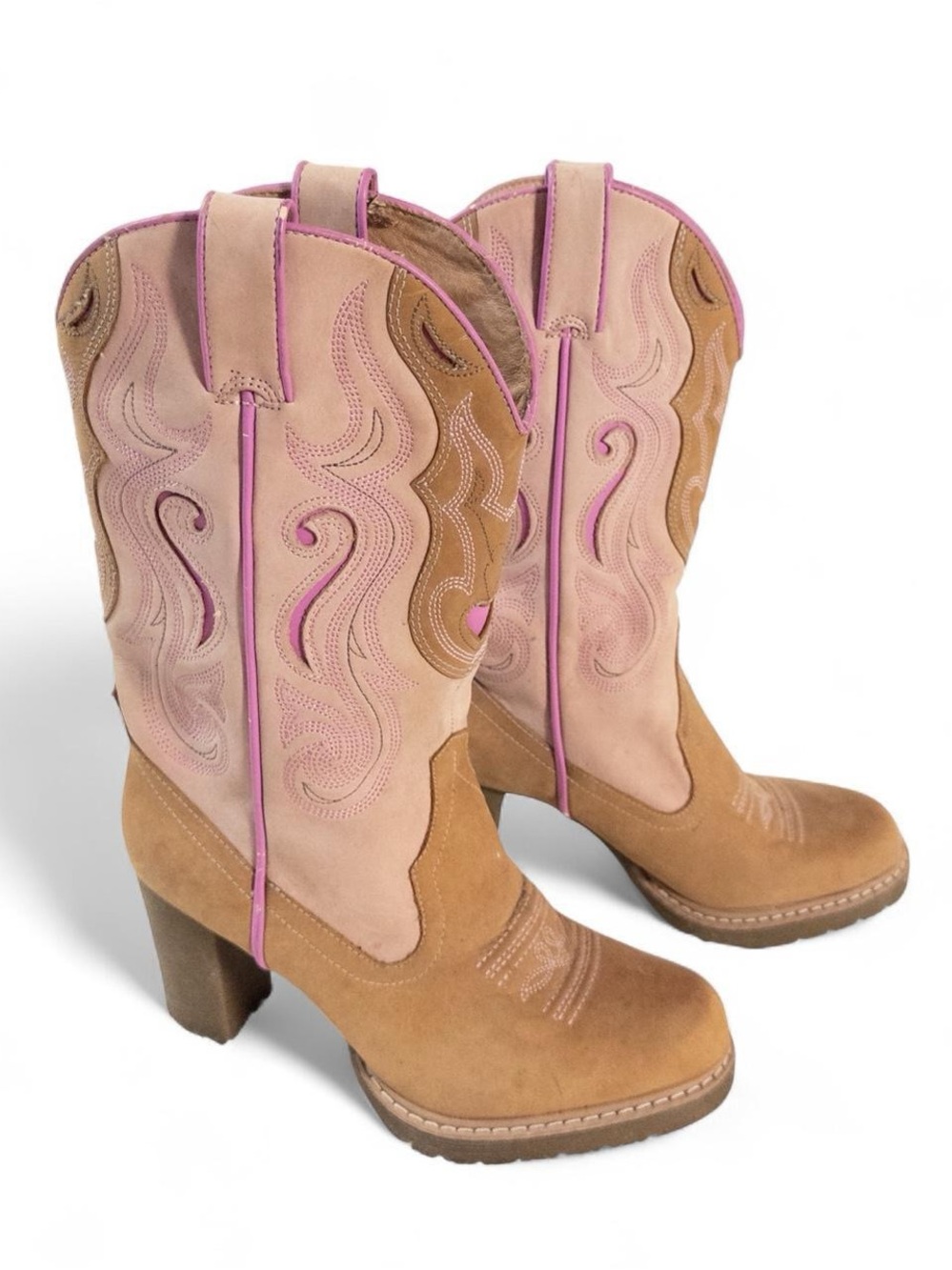 Roper Western Boots — Two-Tone Tan & Pink Heart Detail Sz 6.5